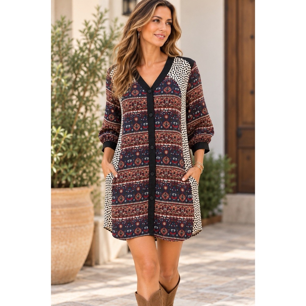 SEA New York NY 100% Silk Boho Tunic Dress Patchwork Mixed Media Size 6